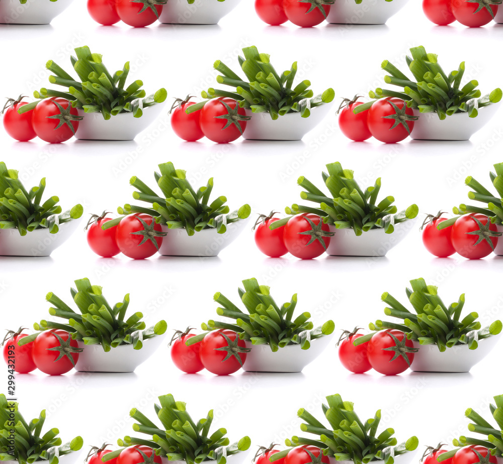 Spring onions and cherry tomato in bowl . Seamless food pattern. Spring onions and cherry tomato in bowl . Seamless food pattern.