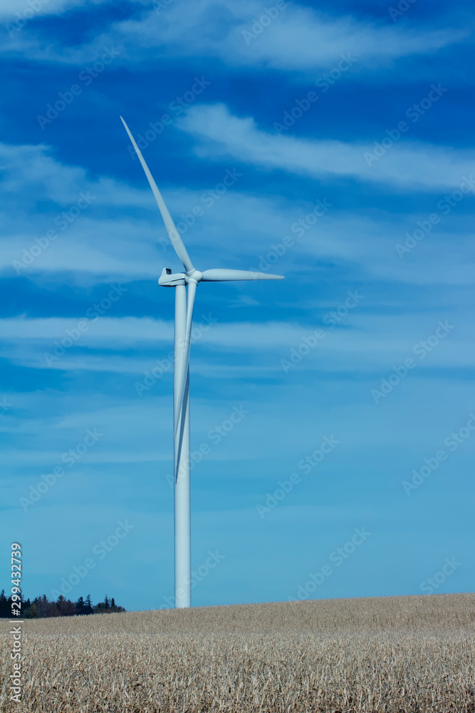 View of a giant wind power generator on an autumn agricultural field landscape with a blue sky background