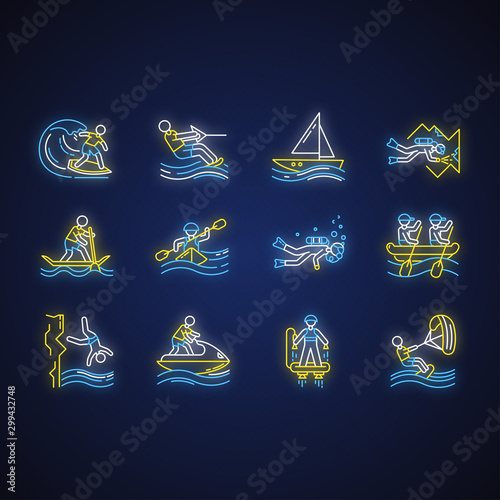 Watersports neon light icons set. Cave diving, kiteboarding, flyboarding and jet skiing. Cliff jumping and paddle surfing. Extreme kinds of sport. Glowing signs. Vector isolated illustrations