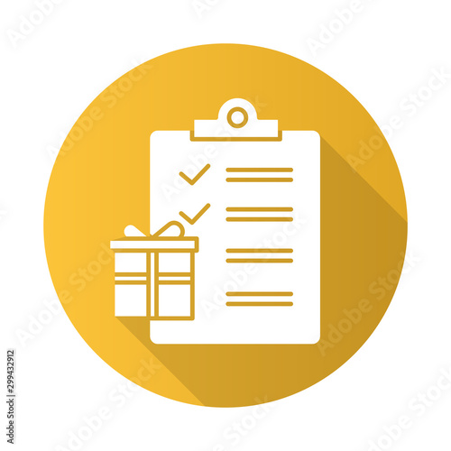 Gift list yellow flat design long shadow glyph icon. Merchandise and consumerism. Searching presents for holidays. Party celebration organization. Writing wish list. Vector silhouette illustration