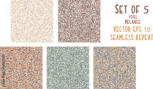Seamless Pattern Pixel Melange Marl Texture Blend. Muted Earth Dye Tones in Dense Pixelated Noise Style. Boho Micro Mosaic Summer Background. Vector Textile Swatch EPS 10 Set of 5 Collection