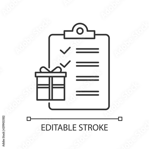 Gift list linear icon. Merchandise and consumerism. Party celebration organization. Writing wish list. Thin line illustration. Contour symbol. Vector isolated outline drawing. Editable stroke