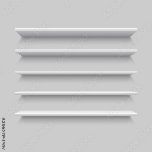 Five white realistic shelves. Mock up or template of empty shelf isolated on grey background. Part of interior for your design. Vector illustration.