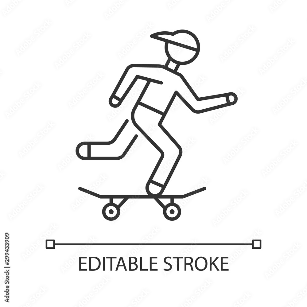 Skateboarding linear icon. Street culture. Skater riding board. Skating guy. Person performing stunts. Thin line illustration. Contour symbol. Vector isolated outline drawing. Editable stroke