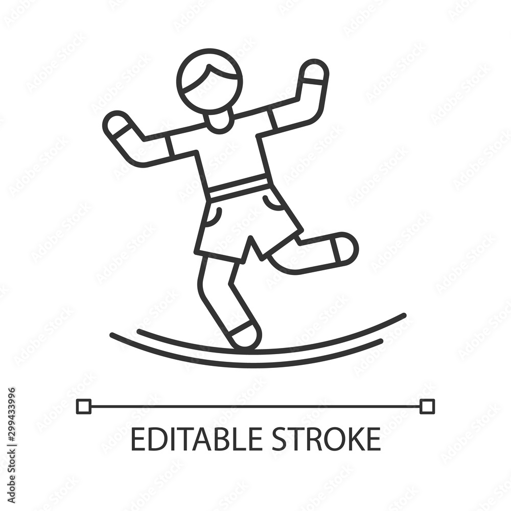 Slacklining linear icon. Balance training. Slackrope, tightrope walking. Person balancing on suspended webbing. Thin line illustration. Contour symbol. Vector isolated outline drawing. Editable stroke