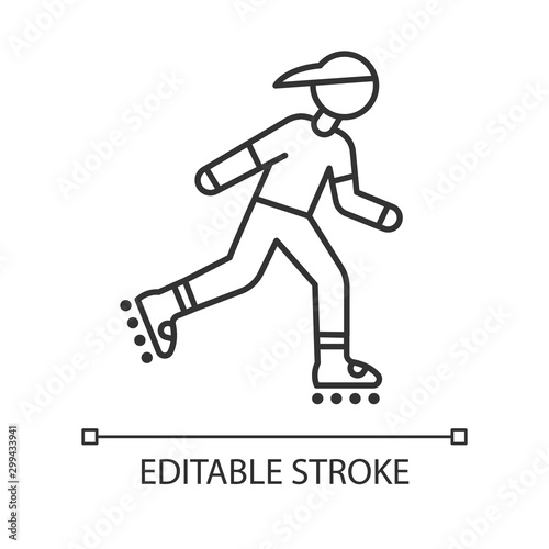 Inline skating linear icon. Freestyle rollerblading. Fitness skating. Teenager on rollerblades. Thin line illustration. Contour symbol. Vector isolated outline drawing. Editable stroke