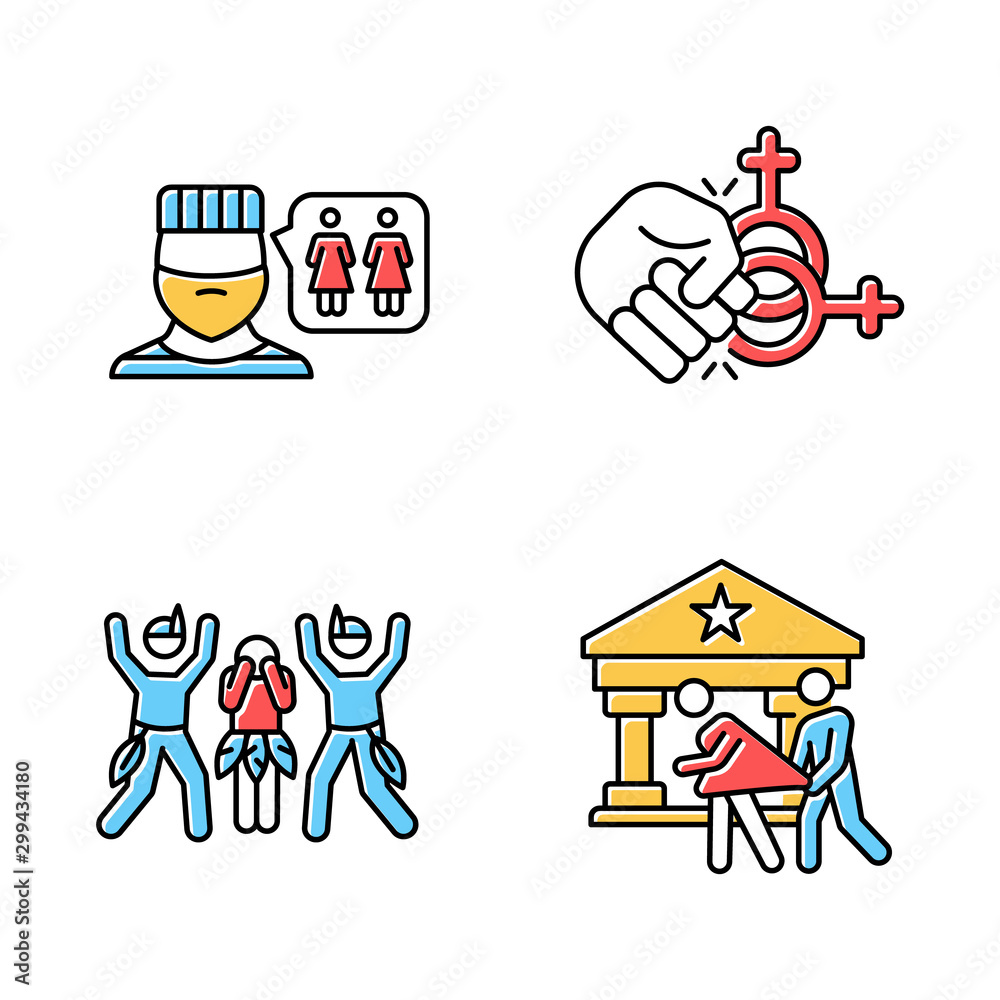 Corrective rape color icons set. Violence and sex assault against LGBTQ  women. Homophobic rape of lesbians. Sexual harassment of females. Hate crime.  Isolated vector illustrations Векторный объект Stock | Adobe Stock