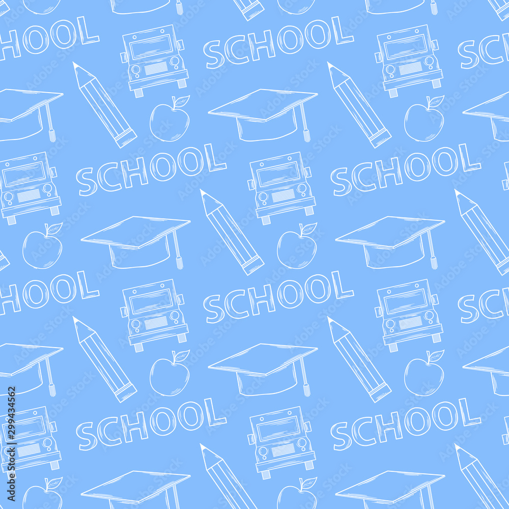 School seamless pattern on a blue background