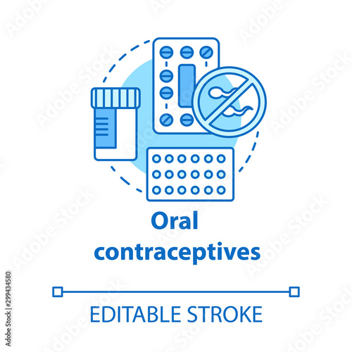 Oral contraceptives concept icon. Safe sex. Hormonal drugs. Pharmaceutical pills for healthy intercourse. Medication idea thin line illustration. Vector isolated outline drawing. Editable stroke