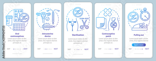 Safe sex onboarding mobile app page screen vector template. Oral contraceptive. Intrauterine device. Walkthrough website steps with linear illustrations. UX, UI, GUI smartphone interface concept