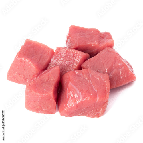 Raw chopped beef meat pieces isolated om white background cut out.