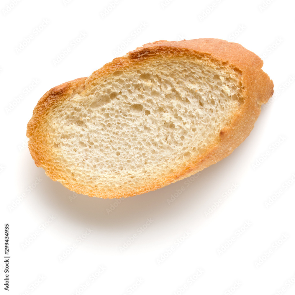Toasted baguette slice isolated on white background close up.  Toast, crouton.   Top view.