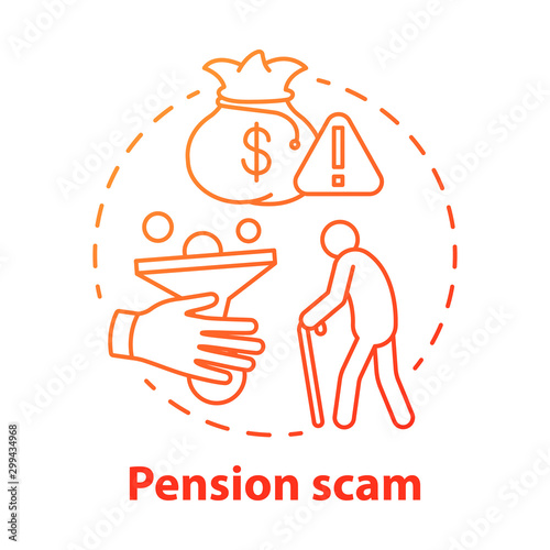 Pension scam concept icon. Fraud to retired person. Danger of losing savings. Illegal cheme Financial deception of elderly idea thin line illustration. Vector isolated outline drawing