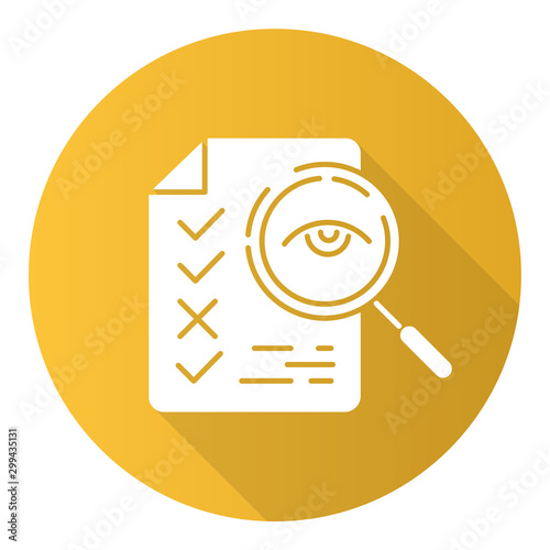 Professional proofreading service flat design long shadow glyph icon. Text editing, mistake correction. Document quality control. Magnifier with checked list points. Vector silhouette illustration