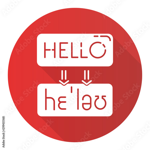 Language translation services flat design long shadow glyph icon. Machine transcription. Online dictionary. Word sound representation. Spell check. Vector silhouette illustration