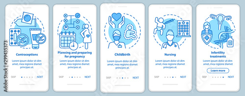 Pregnancy planning and prenatal care onboarding mobile app page screen vector template. Women healthcare. Walkthrough website steps with linear icons UX, UI, GUI turquoise smartphone interface concept