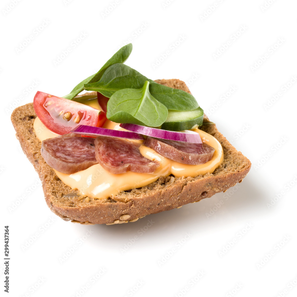 Canape with salami. Open faced sandwich crostini isolated on white ...