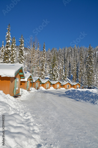 Row of houses in snow in Manning Park, BC.