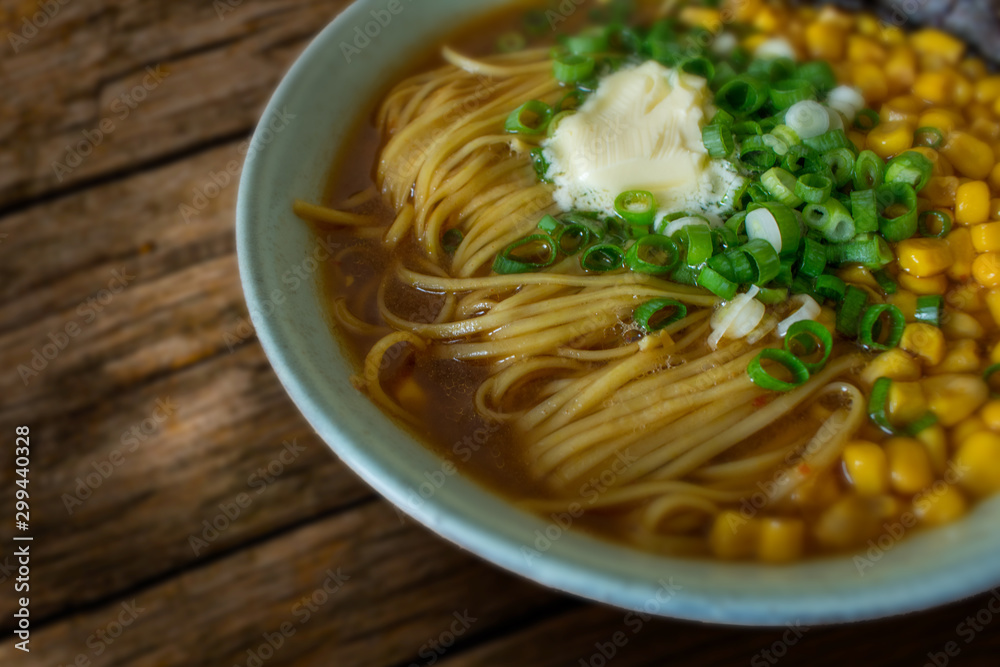 Food photography of a bowl of vegan miso ramen noodle soup Food photography of a bowl of vegan miso ramen noodle soup