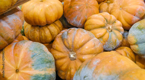 Fresh orange pumpkins for sale in market during autumn. Close up.