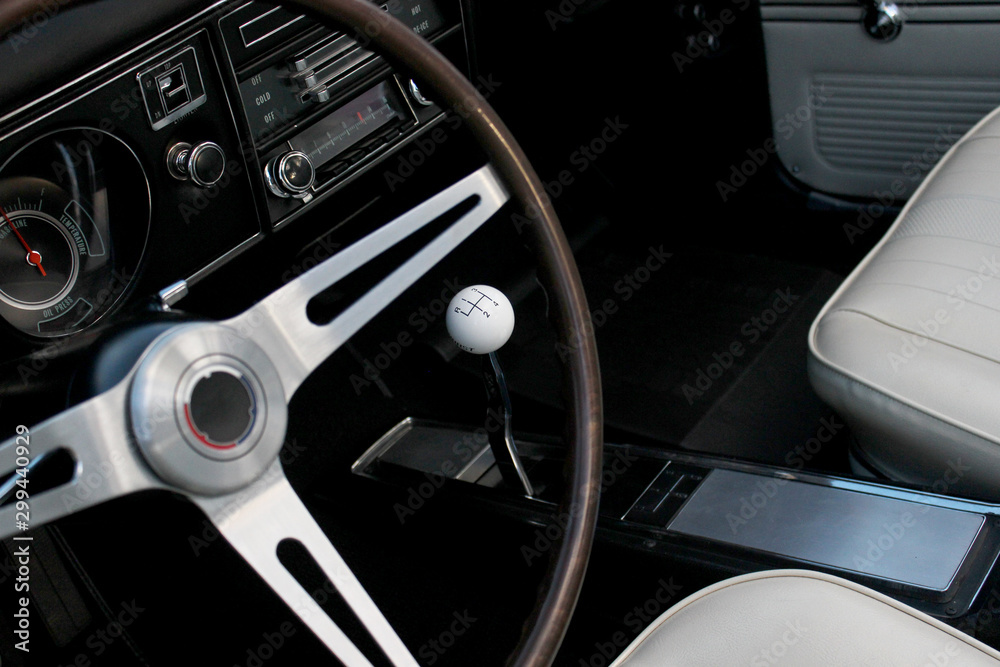 Beautiful car interior, classic, vintage with manual transmission stick shift