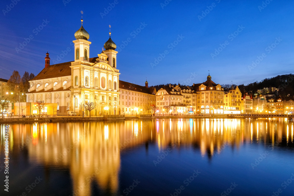 Nigth view of city center of Lucerne with famous Chapel Bridge and lake Lucerne (Vierwaldstatersee), Canton of Lucerne, Switzerland