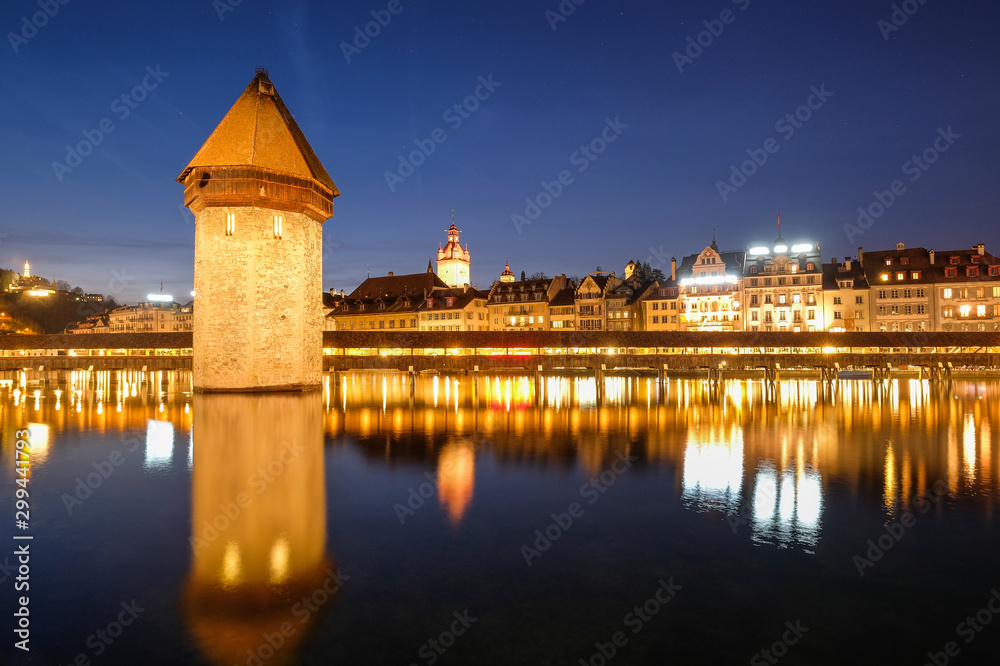 Nigth view of city center of Lucerne with famous Chapel Bridge and lake Lucerne (Vierwaldstatersee), Canton of Lucerne, Switzerland
