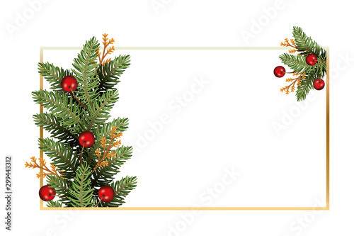 happy merry christmas tree branches and cherries frame