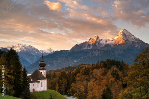 Church of pilgrimage Maria Gern in front of the bavarian alps