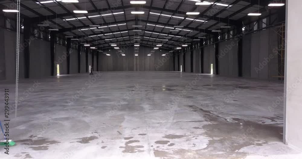 Cinematic view of an empty  warehouse