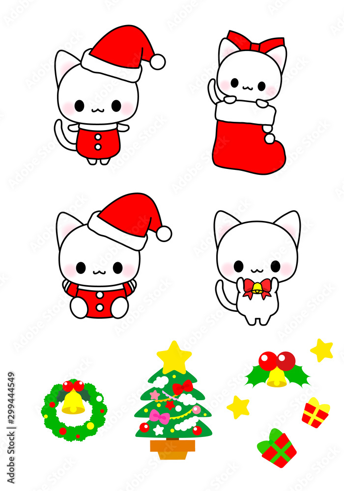 クリスマス素材 アイコン かわいい猫ちゃんのクリスマスイラスト詰め合わせ Stock ベクター Adobe Stock