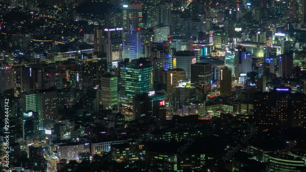 Timelapse fantastic Seoul flashing illumination of various colours on modern buildings and skyscrapers at night pan up Timelapse fantastic Seoul flashing illumination of various colours on modern buildings and skyscrapers at night pan up