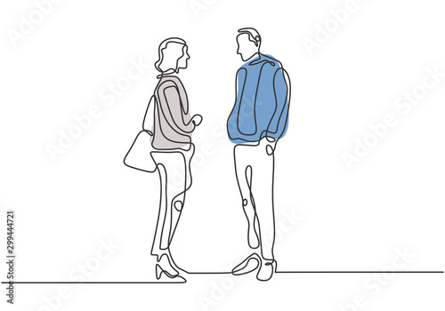Continuous one line drawing of two workers talking and discussion their work at office. Concept of boss and secretary.