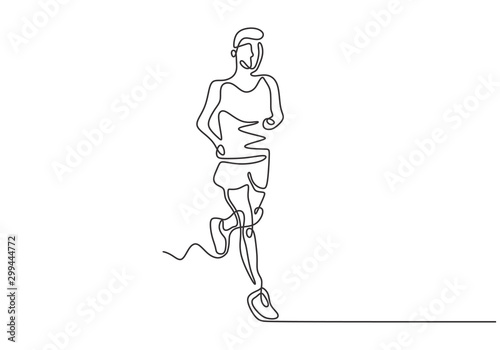 Continuous one line drawing of man running on sport theme. Vector marathon runner.