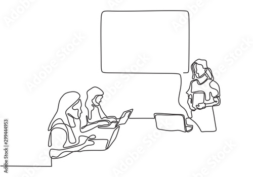 Continuous one line drawing of mentor giving a tutor presentation on the class. Minimalist design conceptual sketch lineart.