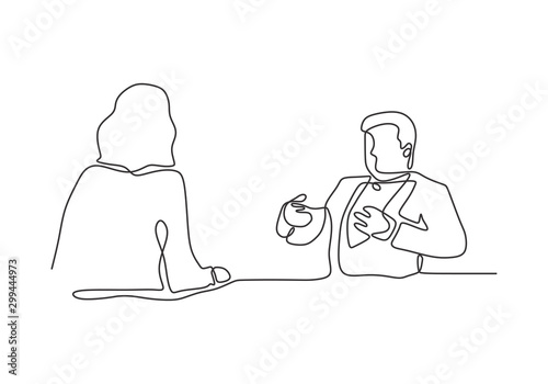 Continuous one line drawing of job interview or business conversation between two persons. Vector minimalism concept.