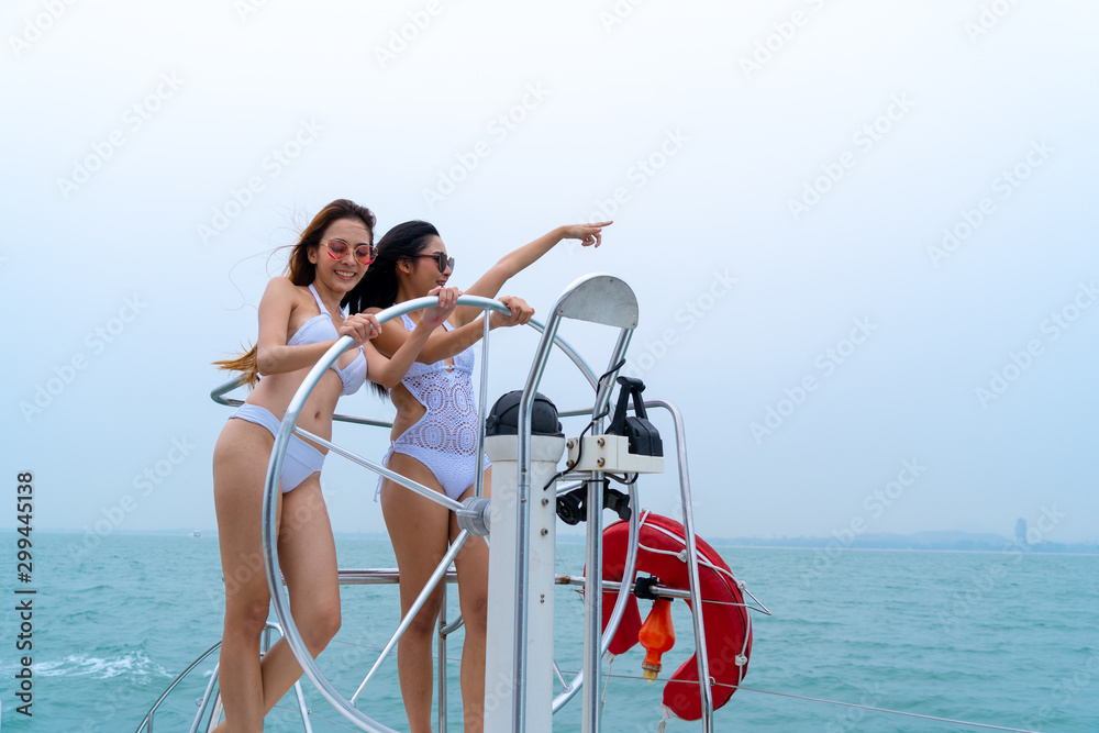 bikini sexy girl stand and dance with driver hand steering wheel on