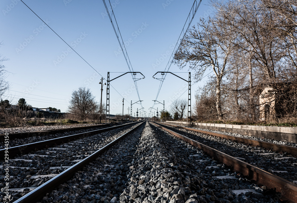 Railroad tracks perspective. Traveller way.