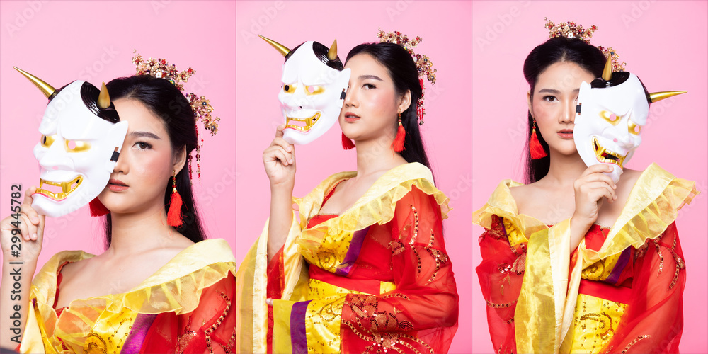 Fototapeta premium Red Gold lace of Chinese Traditional Costume Opera or South East Asia Reddish Dress in Asian Woman with decoration portrait in many poses under Studio lighting Pink background, collage group pack