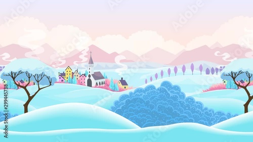 Seamless winter landscape with village in snow, cartoon style footage for game scenes