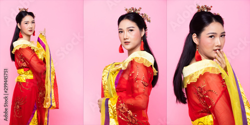 Red Gold lace of Chinese Traditional Costume Opera or South East Asia Reddish Dress in Asian Woman with decoration portrait in many poses under Studio lighting Pink background, collage group pack