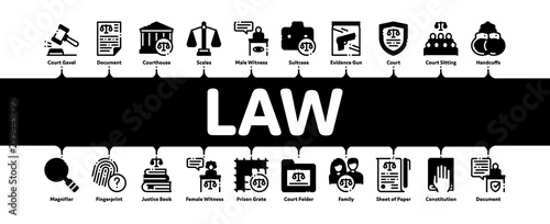 Law And Judgement Minimal Infographic Web Banner Vector. Courthouse And Judge, Gun And Magnifier, Fingerprint And Suitcase, Law Document Concept Linear Pictograms. Contour Illustrations