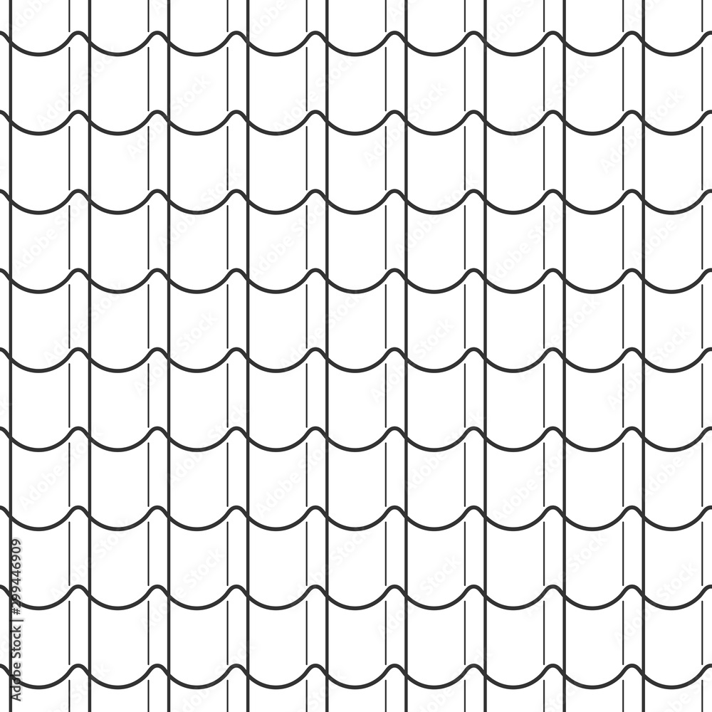 Abstract seamless fish scale pattern, black and white tile roof asian style. Design geometric texture for print. Linear style, vector illustration