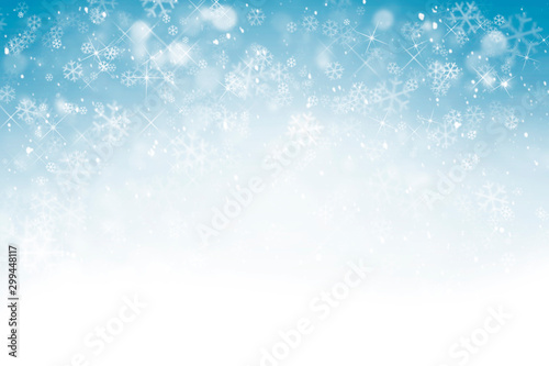 Winter background with snowflakes, stars and falling snow, abstract Christmas background with heavy snowfall, snowflakes in the sky