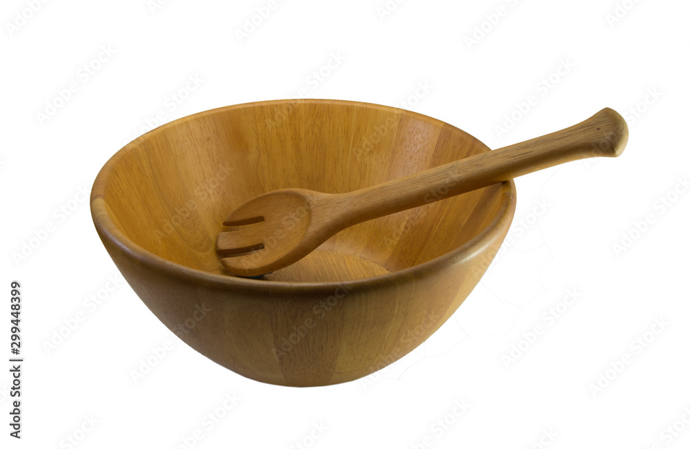 Salad bowl empty of solid white rubber oak teak wood laminated round with spoon ladle tong stirrer fork isolated on white background. Salad bowl empty of solid white rubber oak teak wood laminated round with spoon ladle tong stirrer fork isolated on white background.