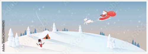  Minimalist vector illustration of a lonely house at the mountain. Santa claus on open sleigh with reindeer come.Blue and white Christmas tone with noise and grainy.Concept of Happy simple in X mas da