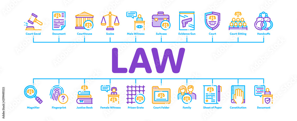 Law And Judgement Minimal Infographic Web Banner Vector. Courthouse And Judge, Gun And Magnifier, Fingerprint And Suitcase, Law Document Concept Linear Pictograms. Color Contour Illustrations