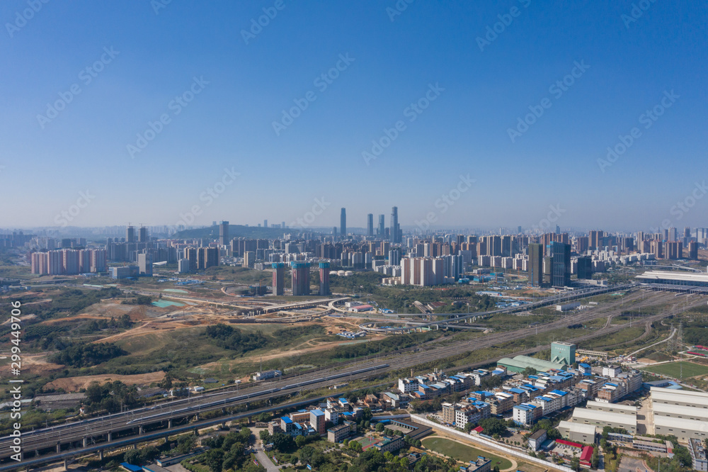 Aerial shot of Asian city skyline vista view