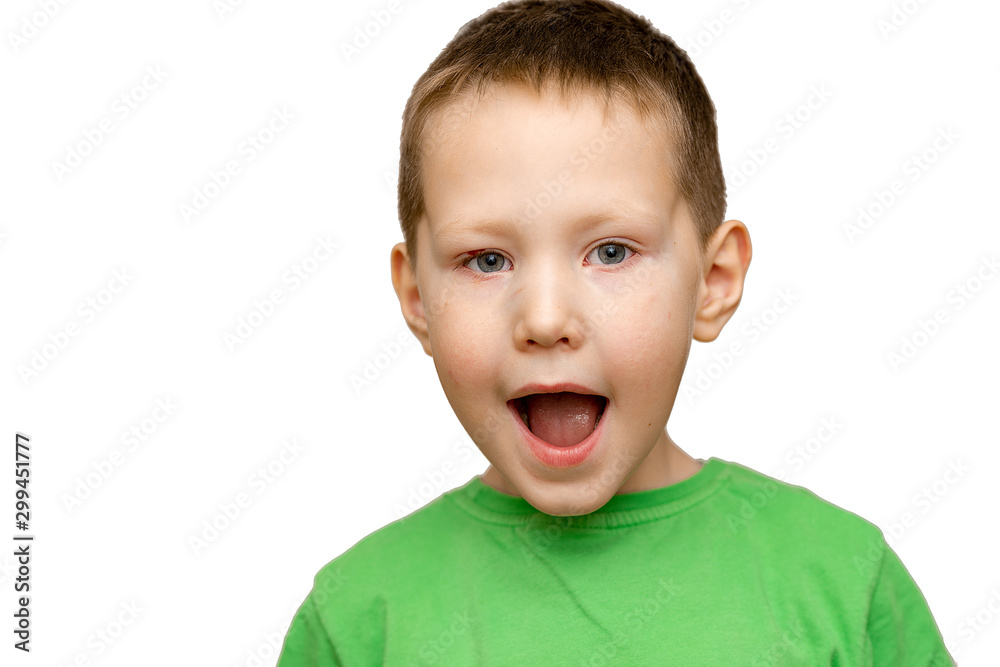 Surprised child open his mouth isolated on a white background. Child with astonished expression Surprised child open his mouth isolated on a white background. Child with astonished expression