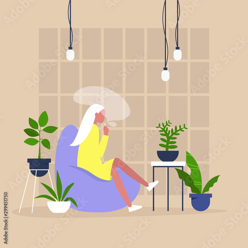 Young female character smoking a vape or a joint of cannabis in a cozy interior with houseplants, modern millennial lifestyle